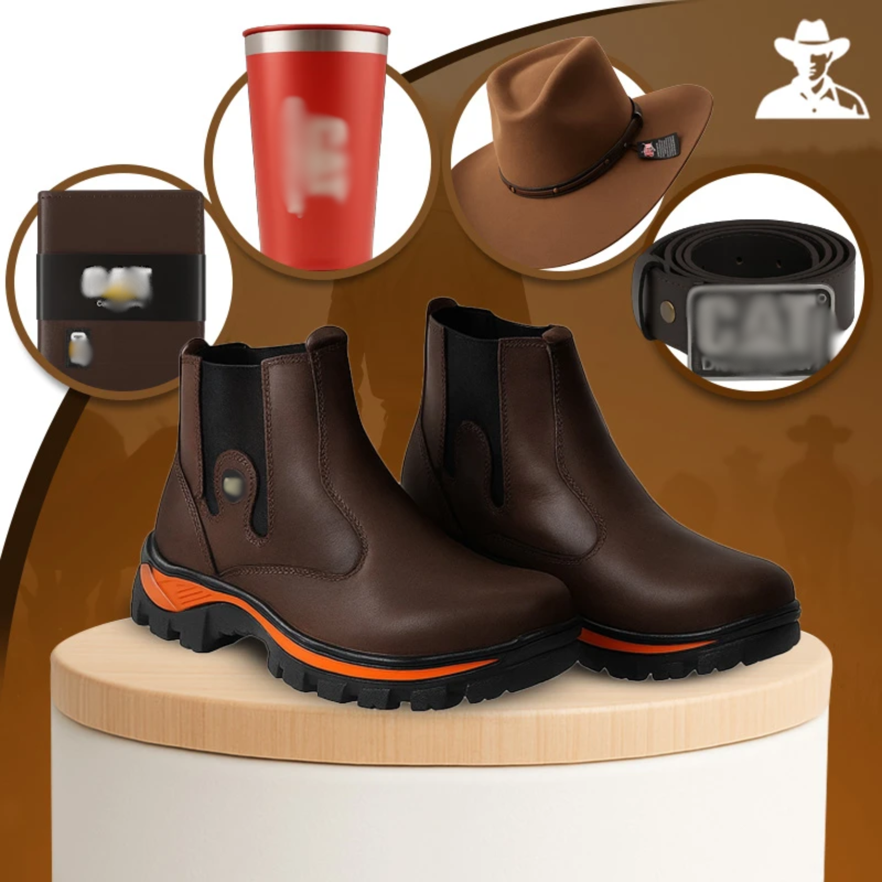 Kit Bota Masculina Barvik em Couro Legítimo e Palmilha Ortopédica +4 BRINDES: Chapéu, Cinto, Carteira e Copo